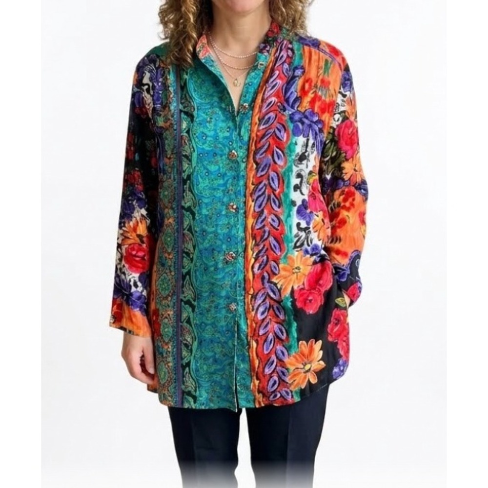 Carole Little Vintage Mixed Floral Paisley‎ Print Rayon Tunic Blouse Sz 16